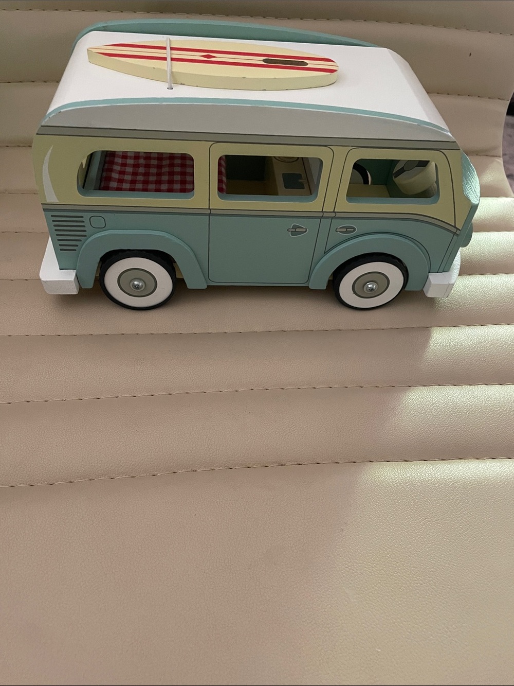 Wooden Retro Camper Van Toy in Mint and Cream with Surfboard